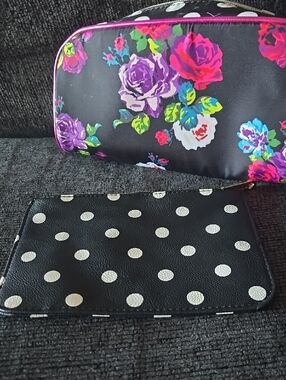 Betsey Johnson Black Cosmetic Bag with Neon Floral Print and Polka Dots